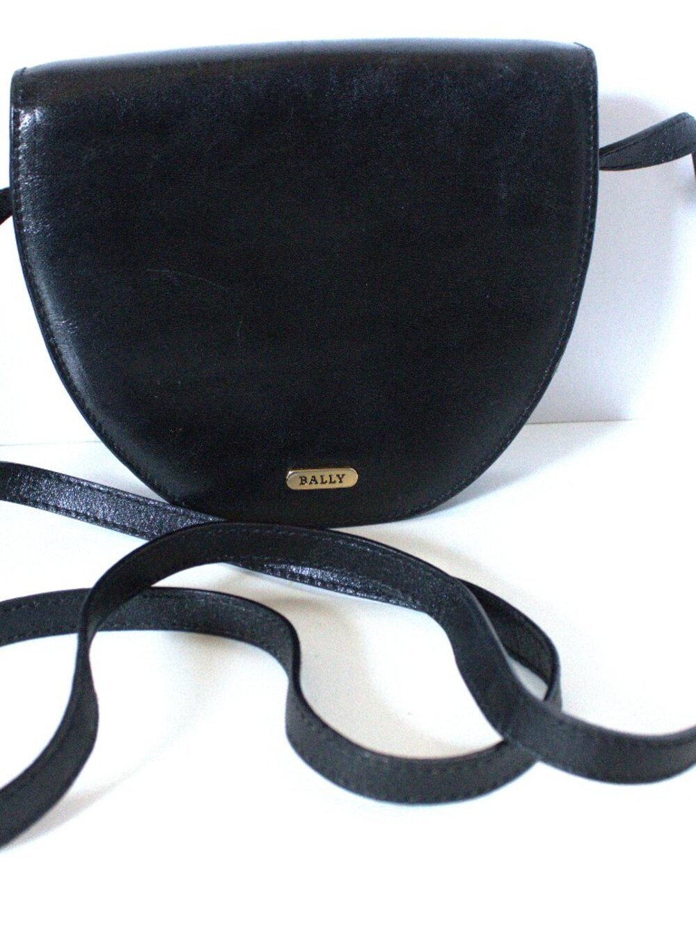 Bally's Vintage Black Leather, Small Crossbody with Gold Emblem.